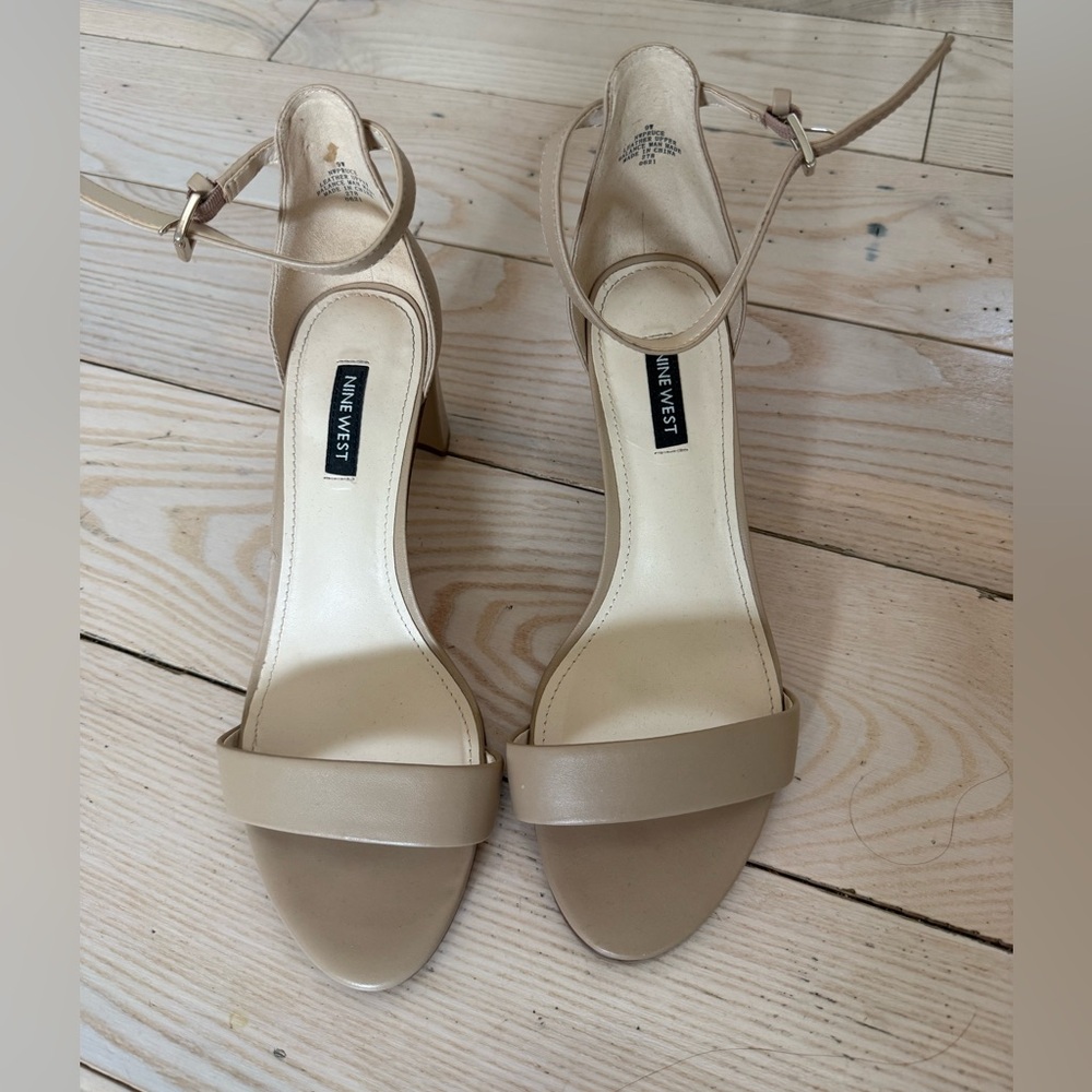 Nine West Taupe Ankle-Strap Block Heel Sandals